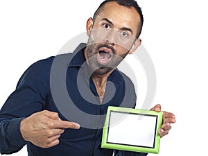 Bearded man holding empty green picture frame