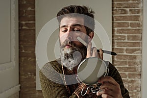 Bearded man - home beard style. Portrait of stylish man beard. Barber straight razor, barbershop. Vintage barber shop