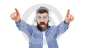Bearded man isolated on white. Guy listen audio. Millennial hipster man listen to music in headphones. Music concept