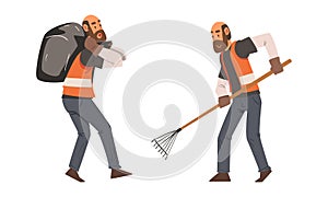 Bearded Man Janitor Wearing Orange Vest Carrying Bag with Garbage and with Rake Vector Set