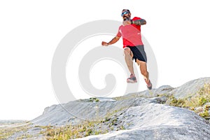 Bearded man jump from hill on trail running cross