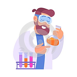 Bearded Man at Laboratory with Flask Conduct Experiment Vector Illustration