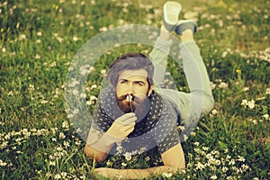 Bearded man laying on green grass