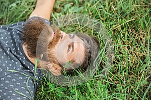 Bearded man laying on green grass