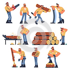 Bearded Man Logger or Lumberjack Cutting Tree Trunk Vector Set