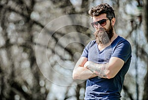 Bearded man with lush hair. Free and happy time. male fashion and beauty. Bearded man outdoor. Beard care and barbershop