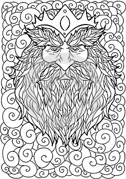 Bearded Man with mustache and crown for adult coloring pages, antistress, Tattoo art
