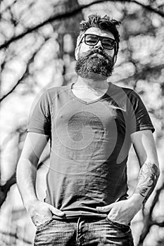 Bearded man outdoor. Beard care and barbershop. Mature hipster with beard. summer fashion and beauty. brutal male with