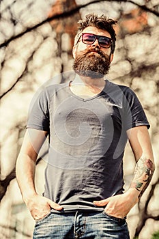 Bearded man outdoor. Beard care and barbershop. Mature hipster with beard. summer fashion and beauty. brutal male with