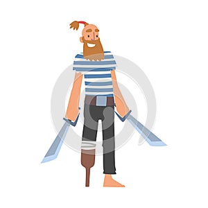Bearded Man Pirate or Buccaneer Character with Sabre and Wooden Leg as Marine Robber Vector Illustration