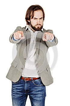 bearded man pointing his finger against somebody. human emotion, facial expression, feeling attitude. image isolated white