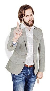 bearded man pointing his finger against somebody. human emotion, facial expression, feeling attitude. image isolated white