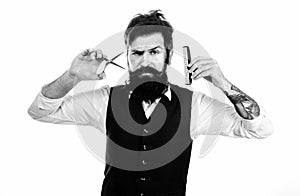Bearded man, portrait of man with long beard and moustache. Barber comb and scissors for barber shop. Vintage barbershop