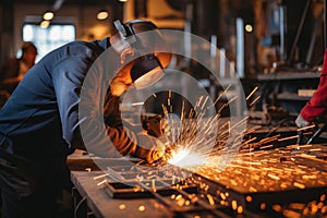 Bearded man in protective gear welding metal in a workshop