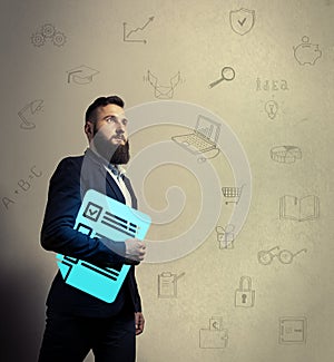 Bearded man with questionnaire icon
