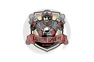 Bearded man ride motorcycle vector badge logo template