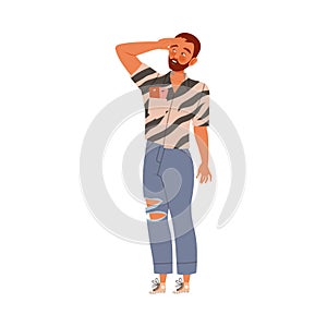 Bearded Man in Ripped Jeans and Striped Shirt Waiting or Standing in Queue or in Line for Nightclub Vector Illustration