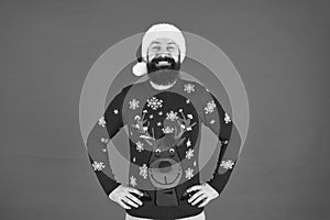 Bearded man santa hat red background. merry christmas. ready for xmas party. happy new year. cheerful hipster funny