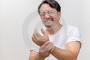 A bearded man is seen suffering from a wrist injury isolated on white background