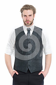 Bearded man or serious gentleman in waistcoat and tie