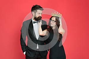 Bearded man sexy girl. Royal party. Prom couple in formal style. Prom party. Holiday celebration. Achievement. Pride and