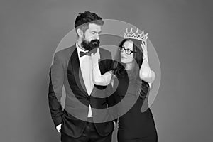 Bearded man sexy girl. Royal party. Prom couple in formal style. Prom party. Holiday celebration. Achievement. Pride and