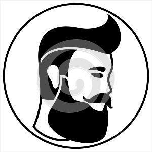 A bearded man with shaved temples. Vector head of hipster, lumberjack, hairdresser in black and white colors. Monochrome logo for