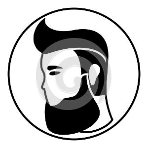 A bearded man with shaved temples. Vector head of hipster, lumberjack, hairdresser in black and white colors. Monochrome logo for