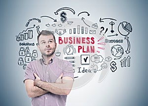 Bearded man in a shirt and a business plan