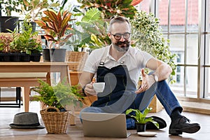 A bearded man sitting and drinking coffee and using laptop notebook computer to sell plant in home indoor garden. Online marketing