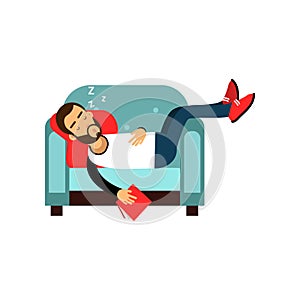 Bearded man sleeping on armchair with book, relaxing person cartoon vector illustration