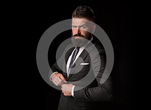 Bearded man suit fashion. Luxury classic suits, vogue. Man in classic suit, shirt and tie. Business man concept.