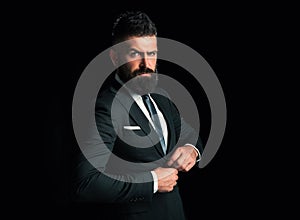 Bearded man suit fashion. Luxury classic suits, vogue. Man in classic suit, shirt and tie. Business man concept.