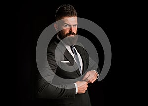 Bearded man suit fashion. Luxury classic suits, vogue. Man in classic suit, shirt and tie. Business man concept.