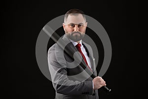 Bearded Man in suit and red tie with baseball bat