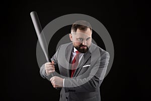 Bearded Man in suit and red tie with baseball bat