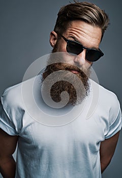 Bearded man in sunglasses with raised eyebrow