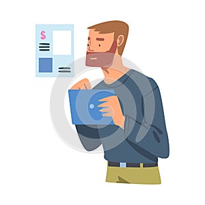 Bearded Man with Tablet PC Analyzing Financial Profit Growth and Evaluating Revenue and Expense Vector Illustration