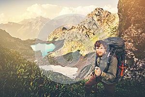 Bearded Man Traveler with backpack hiking