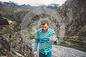 Bearded Man walking in mountains Travel Adventure