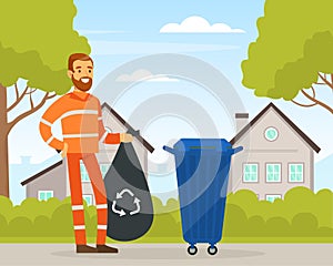 Bearded Man Waste Collector or Garbageman in Orange Uniform Collecting Municipal Solid Waste and Recyclables in Dustbin