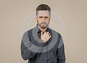 Bearded man wear fashion shirt in casual style for informal occasion grey background, outfitting