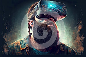 bearded man wearing vr headset virtual reality gles