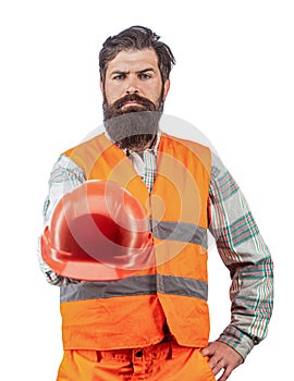 Bearded man wears helmet isolated on white background. Building, development, profession concept. Builder in hard hat