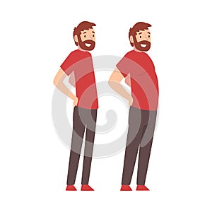 Bearded Man Before and After Weight Loss, Male Body Changing Through Healthy Nutrition or Sports Vector Illustration