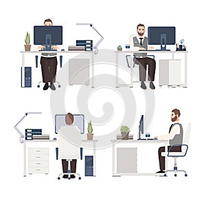 Bearded man working on computer at workplace. Male clerk or manager sitting at office desk. Flat cartoon character