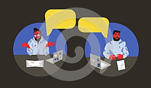 Bearded men sitting with laptop. Vector design photo