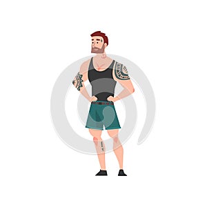 Bearded Muscular Man with Tattoo, Attractive Tattooed Guy Wearing Black Sleeveless Shirt and Shorts Vector Illustration