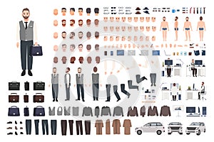 Bearded office worker, clerk or manager creation set or DIY kit. Bundle of male cartoon character body parts, clothes