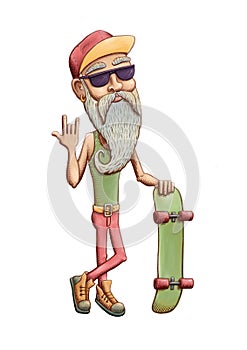 Bearded Old Man with Skateboard